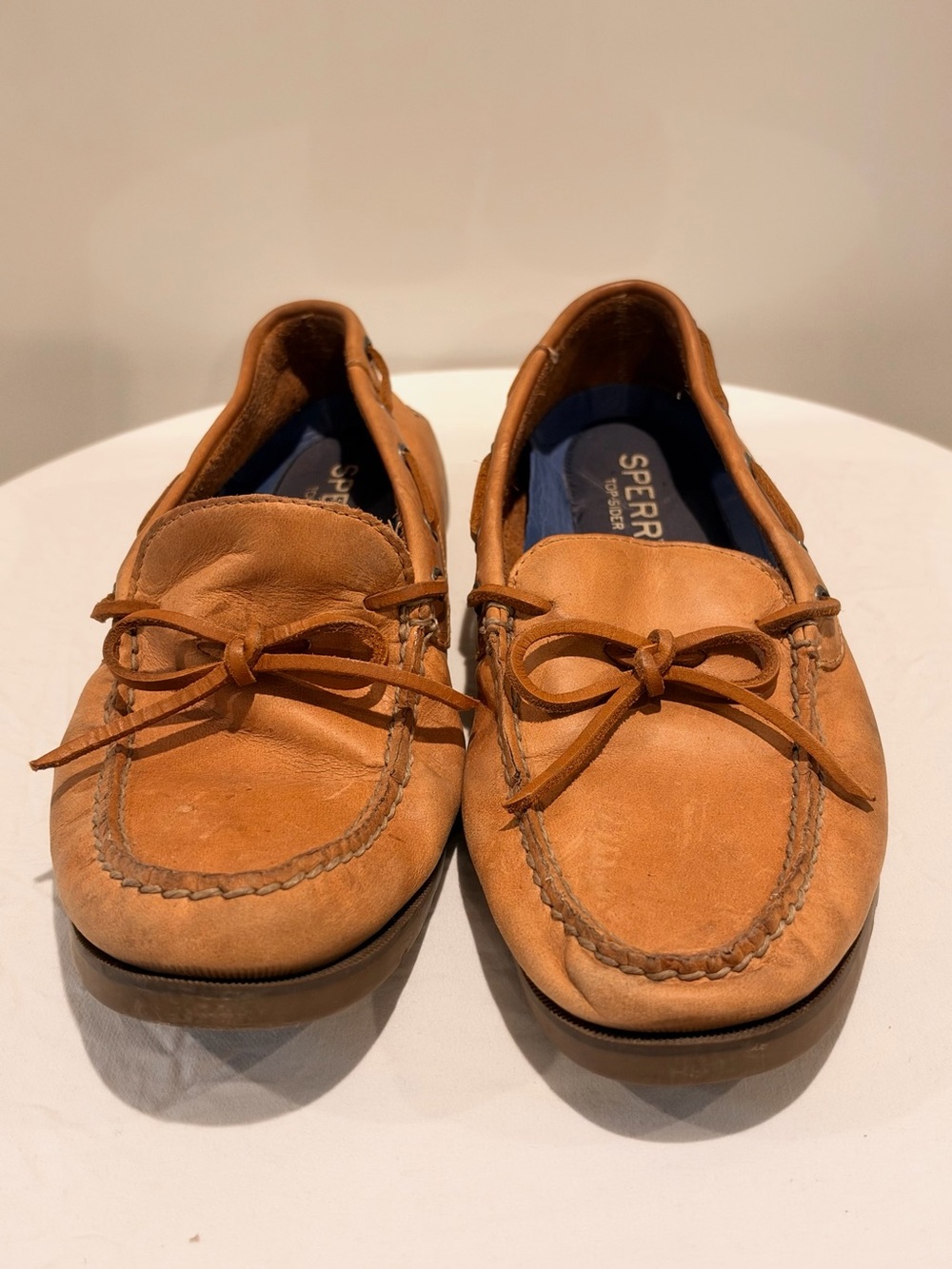 Sperry Tan Leather Boat Shoes with Bow Tie
